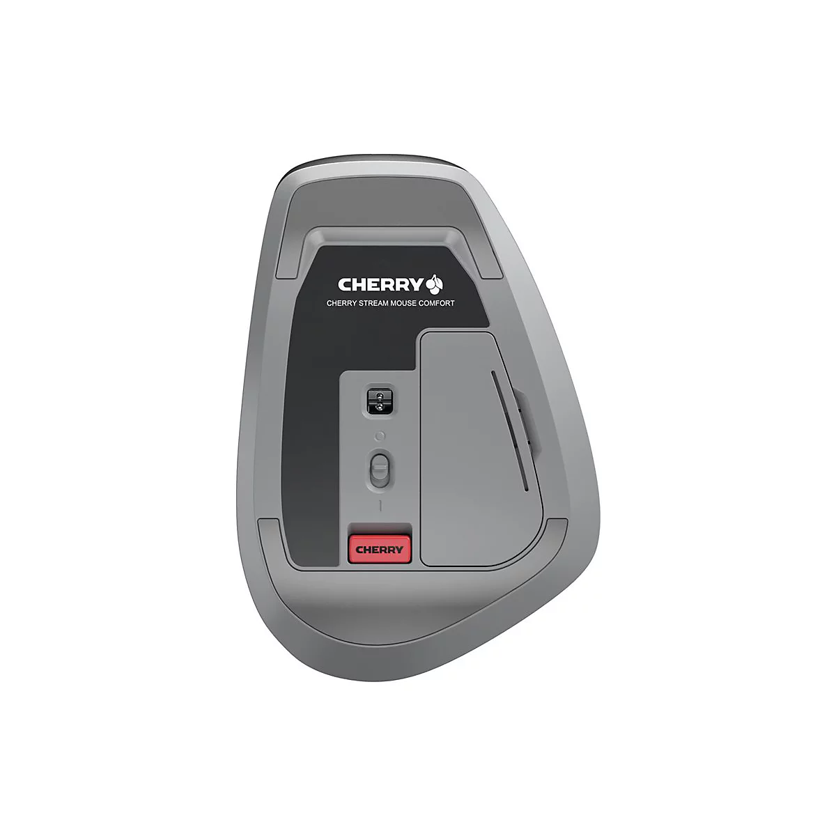 Draufsicht auf eine graue, ergonomische Maus. Darauf steht in weißer Schrift "CHERRY".
