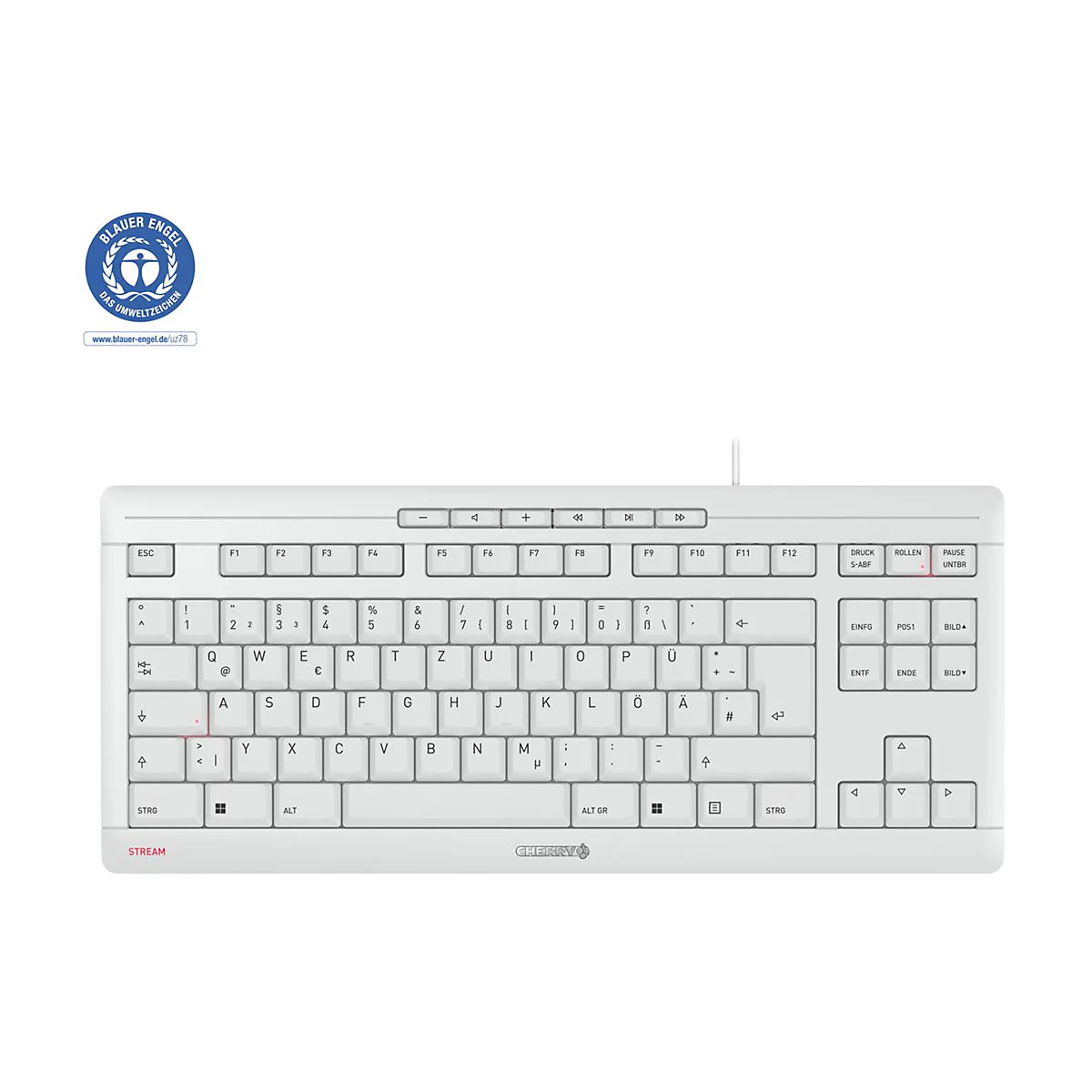 Weisse Tastatur, Blaue Engel-Logo, Tastenbeschriftung in Schwarz.