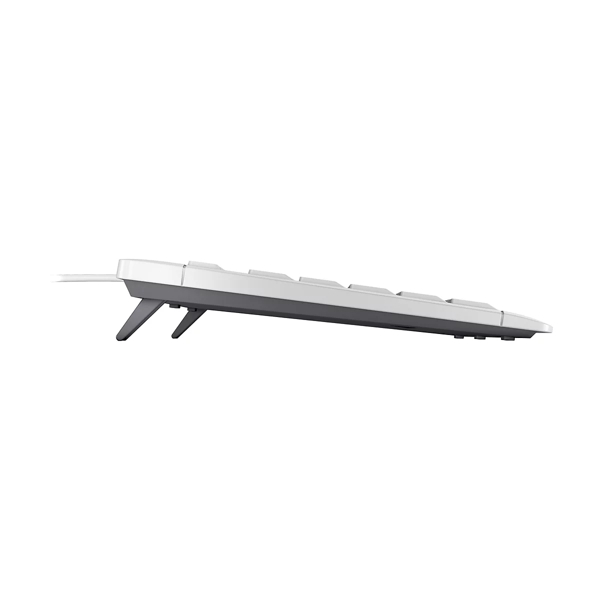 WeiÃŸe Tastatur von der Seite, leicht angehoben durch FÃ¼ÃŸe.