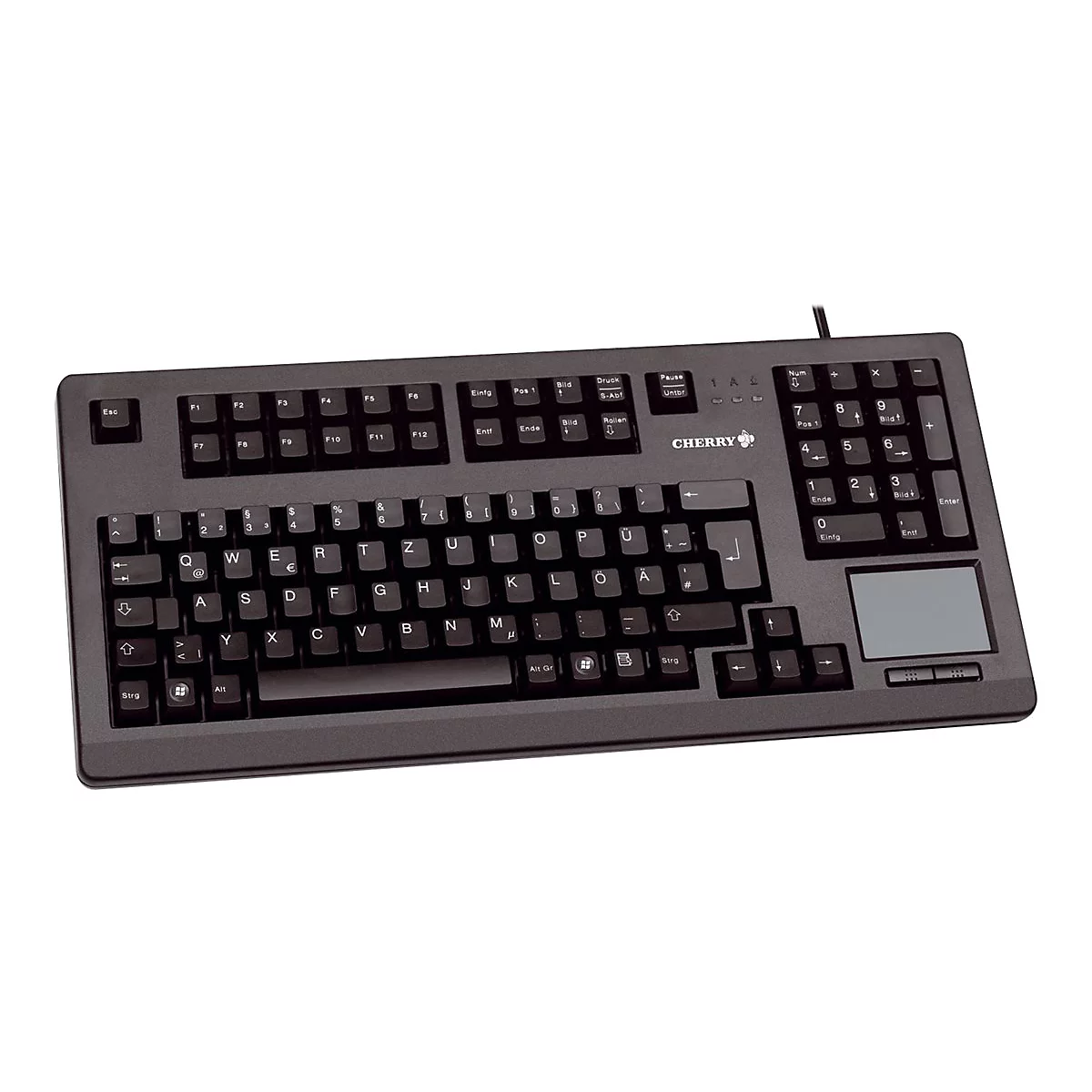 Schwarze Cherry-Tastatur mit integriertem Touchpad. Auf der Tastatur befinden sich Buchstaben, Zahlen und Sonderzeichen.