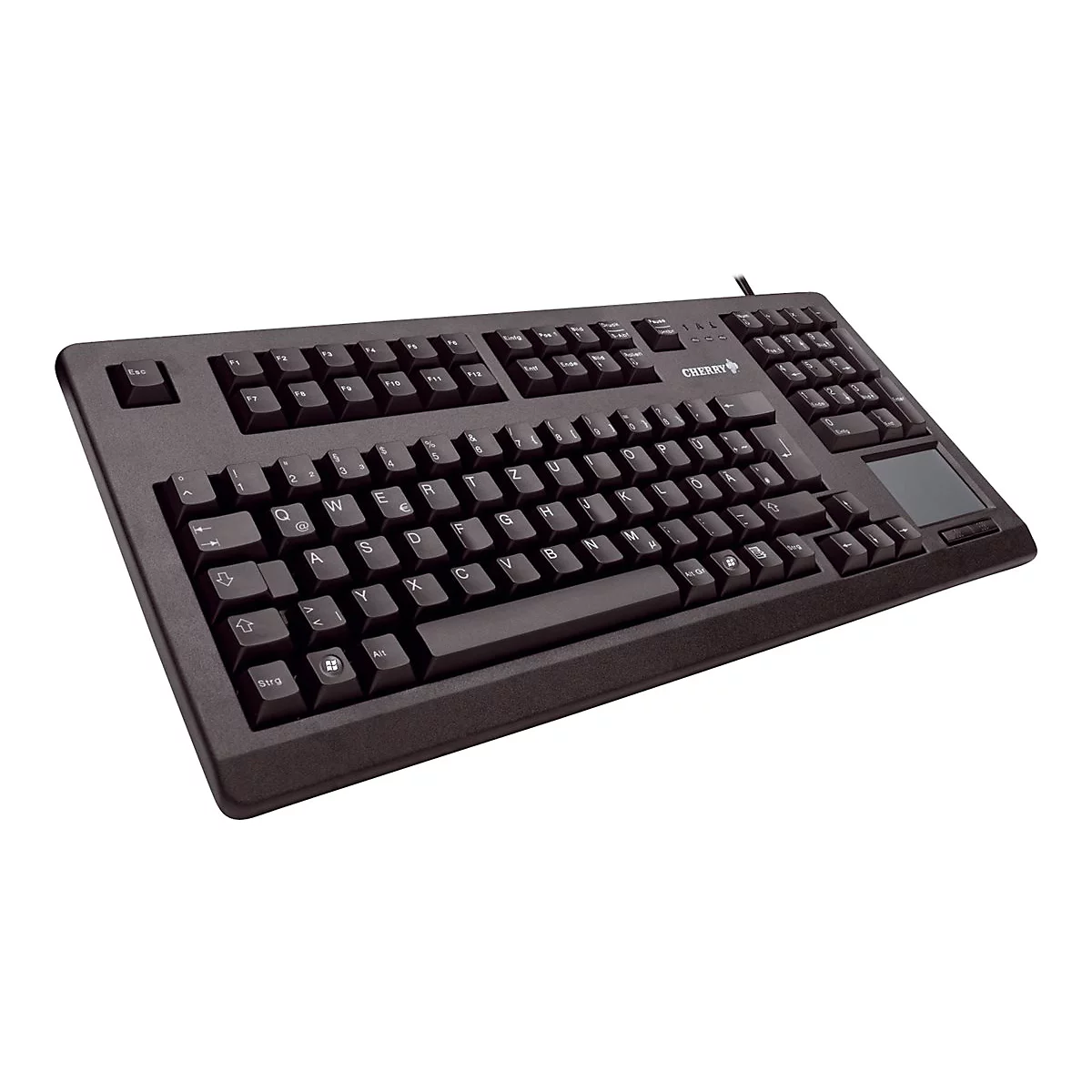 Schwarze Tastatur mit Tasten, Ziffernblock und Touchpad. Kabelanschluss. Cherry-Logo.
