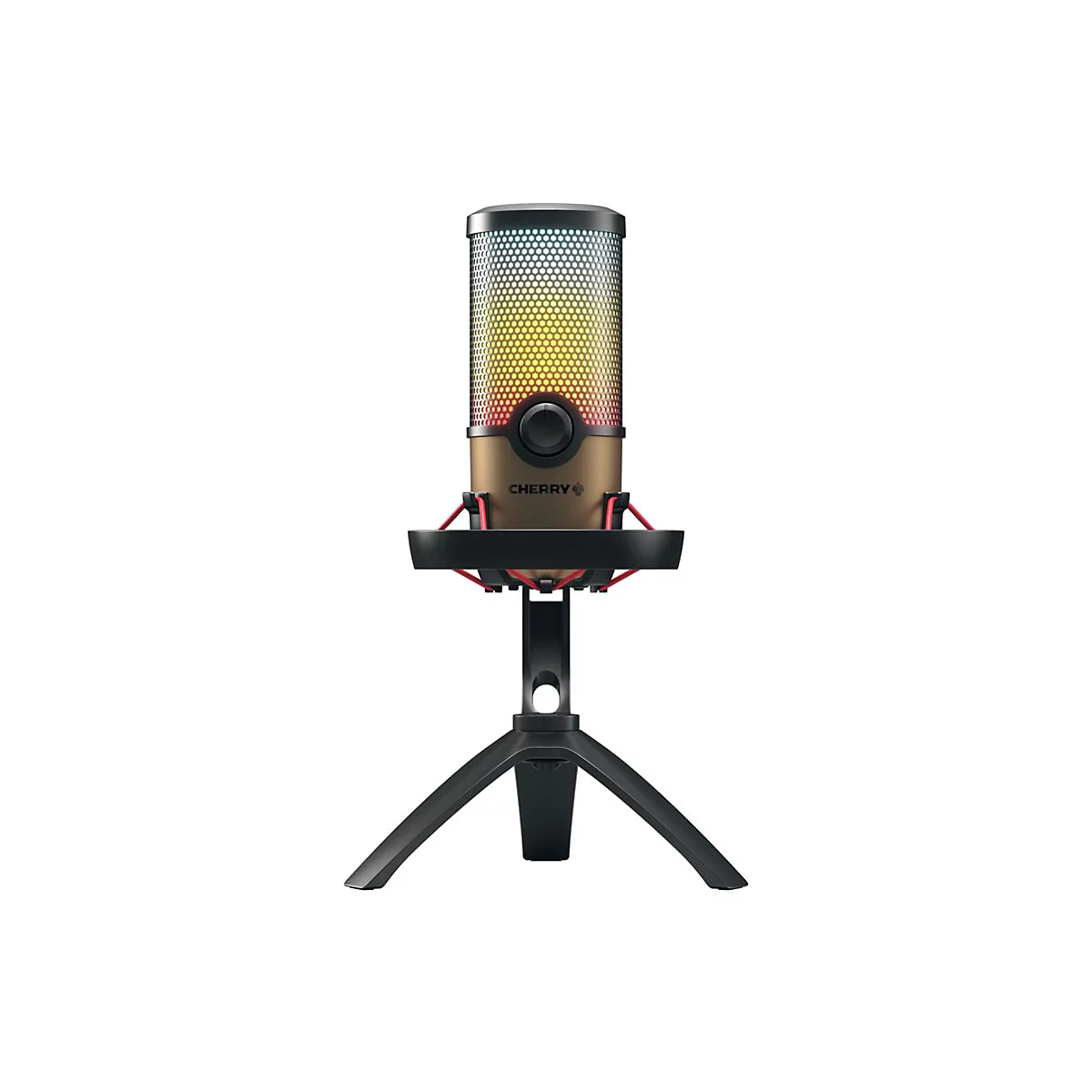 Mikrofon in Bronze mit farbiger Gitterabdeckung auf schwarzem Ständer. Das Mikrofon ist mit CHERRY beschriftet.