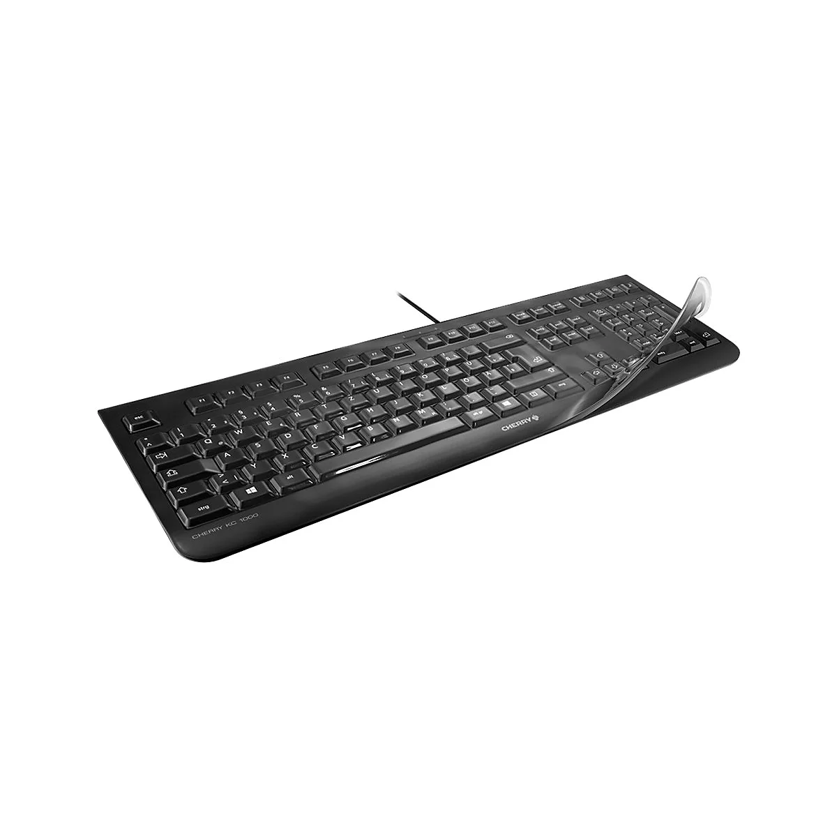 Clavier noir avec housse de protection transparente, Cherry KC 1000. Les lettres et les symboles sont reconnaissables.