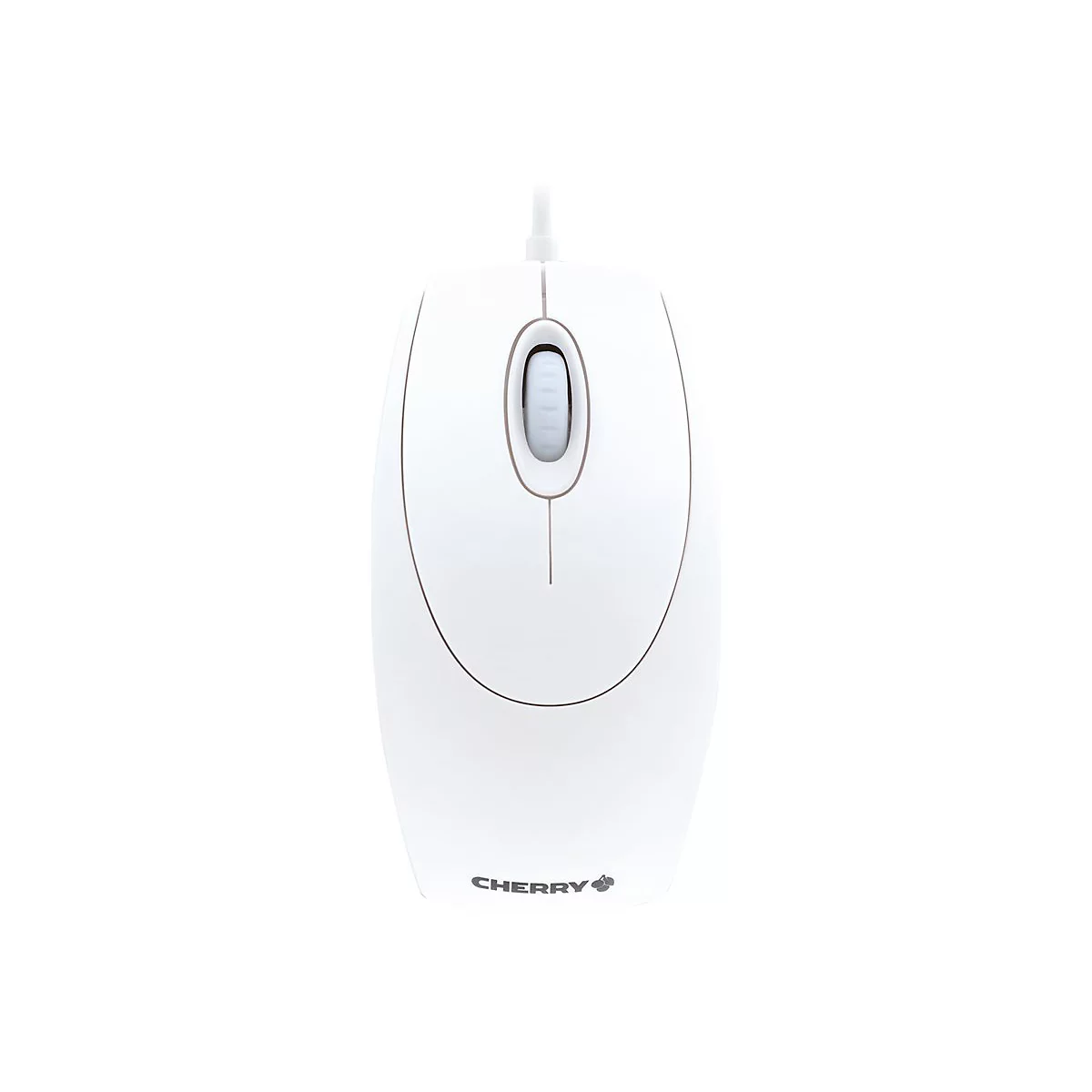Weiße Computermouse mit Kabel, vertikale Ansicht. Logo von Cherry unten rechts.