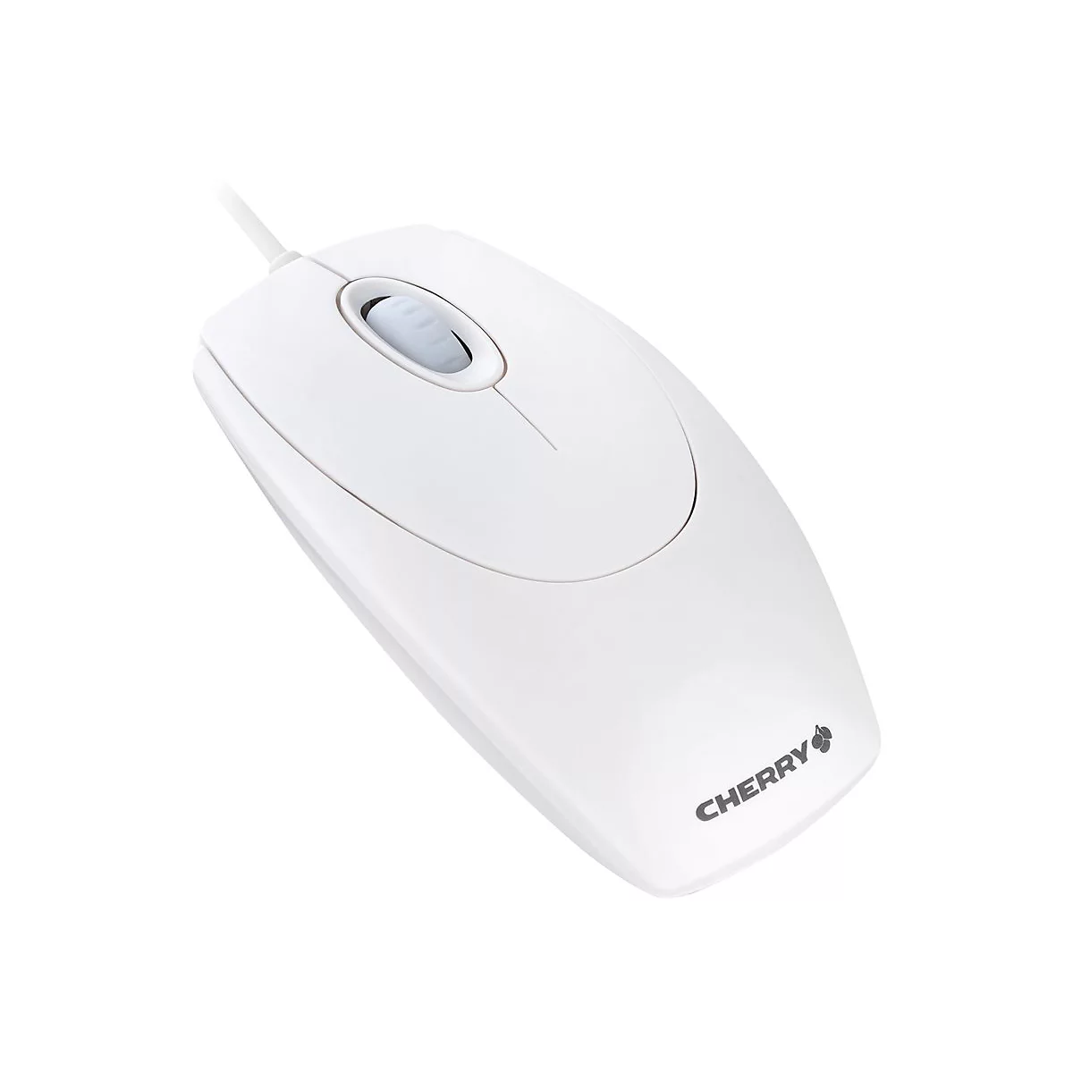 Souris d'ordinateur blanche avec molette et câble, logo Cherry.