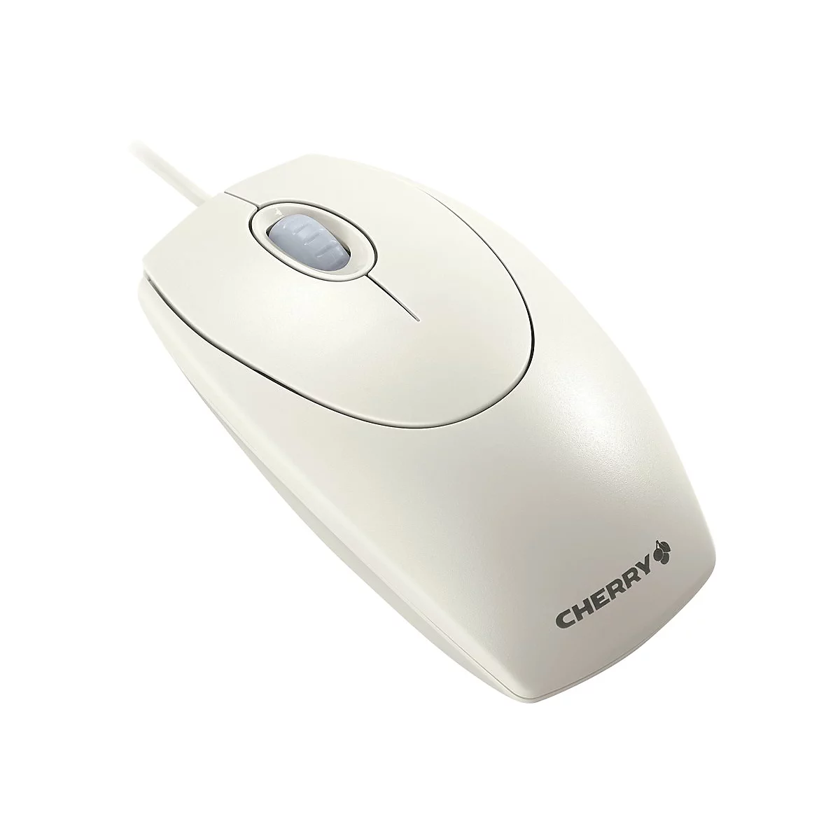 Souris d'ordinateur beige avec câble. Molette de défilement au milieu, logo Cherry en bas.