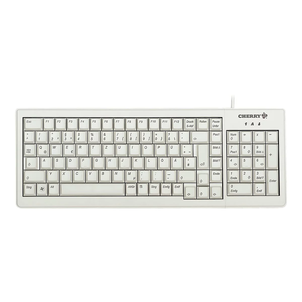 Beige Cherry-Tastatur mit deutschem Layout vor weißem Hintergrund.