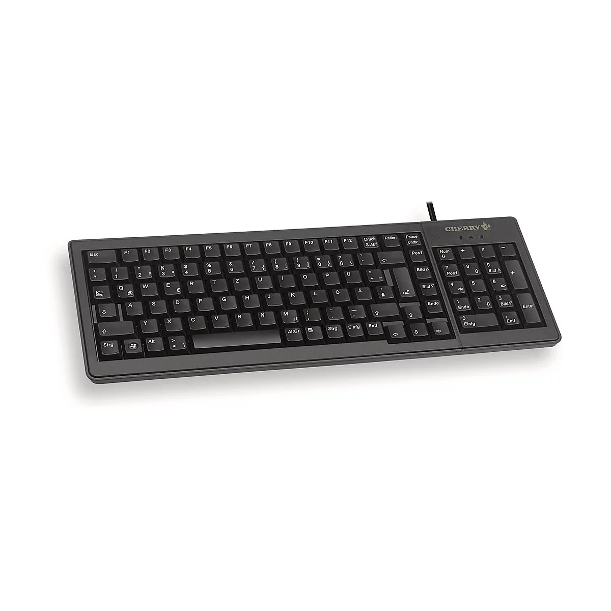 Schwarze Cherry-Tastatur mit deutschem QWERTZ-Layout auf weißem Hintergrund.