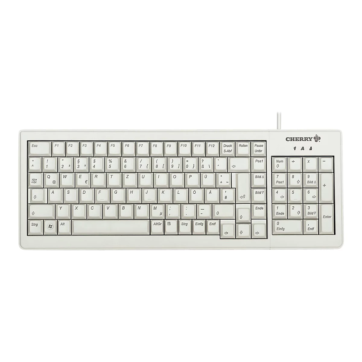 Weiße kabelgebundene Cherry-Tastatur mit deutschem QWERTZ-Layout und Ziffernblock auf weißem Hintergrund.