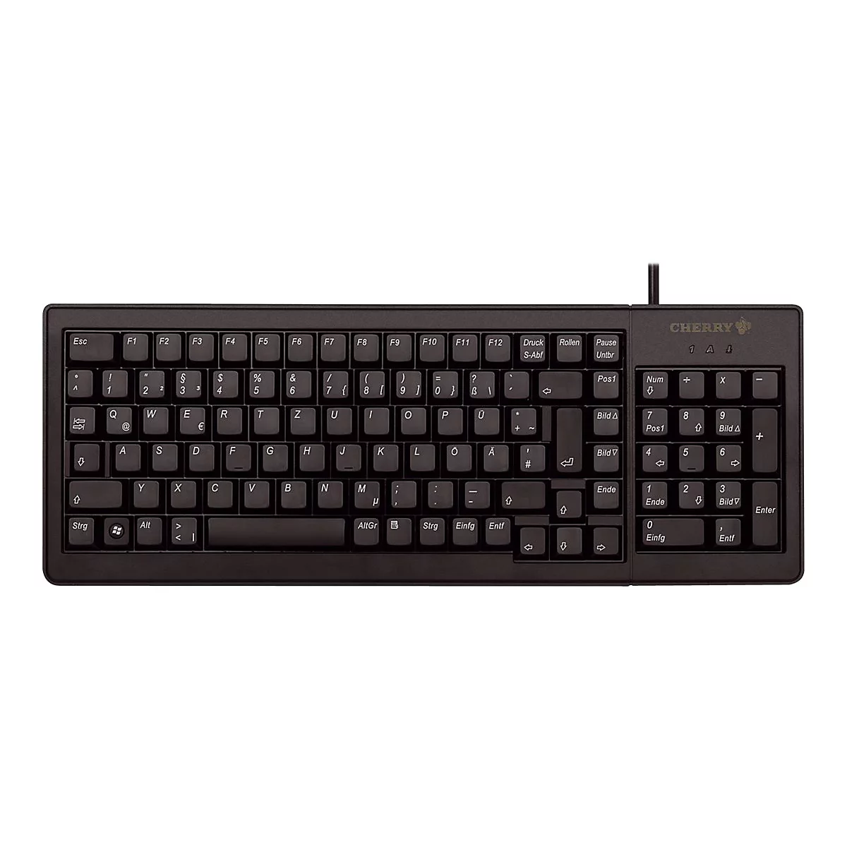 Schwarze kabelgebundene Cherry QWERTZ-Tastatur mit Ziffernblock auf weißem Hintergrund.