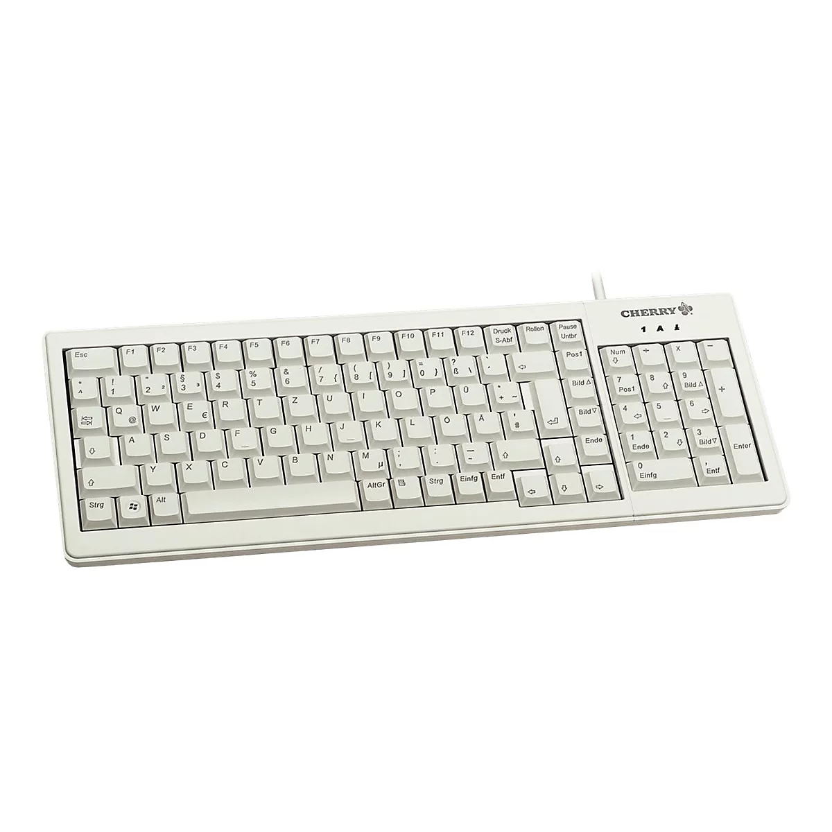 Beige Cherry-Tastatur mit deutschem Layout vor weißem Hintergrund.
