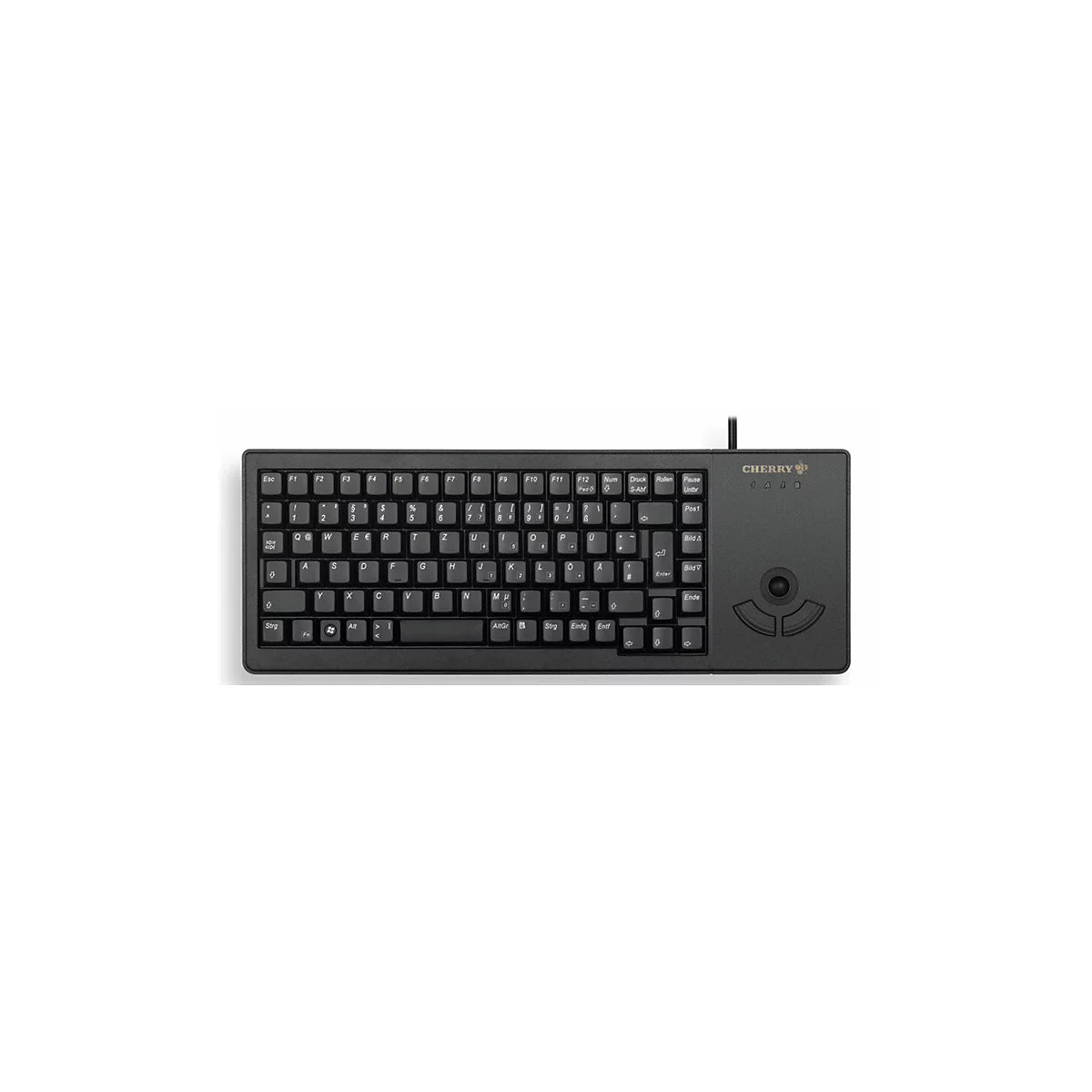 Schwarze Cherry-Tastatur mit eingebautem Trackball und Tastenbeschriftung in weiß. Oben rechts das Cherry-Logo.