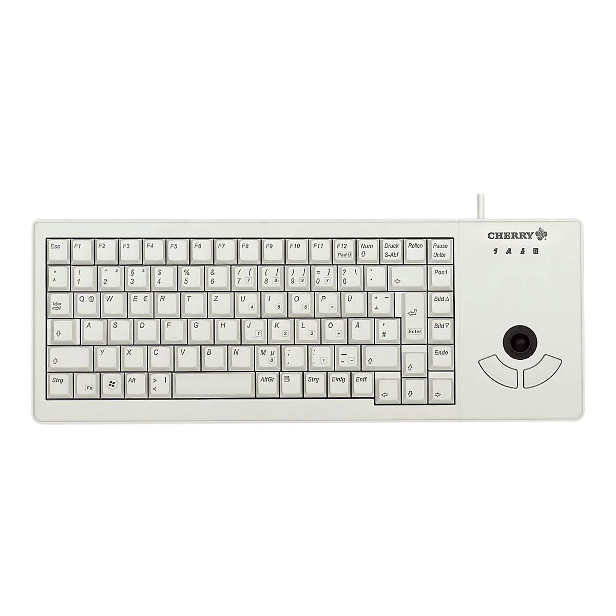 Hellbeige Tastatur mit integrierter Trackball-Maus. Beschriftungen in Schwarz.