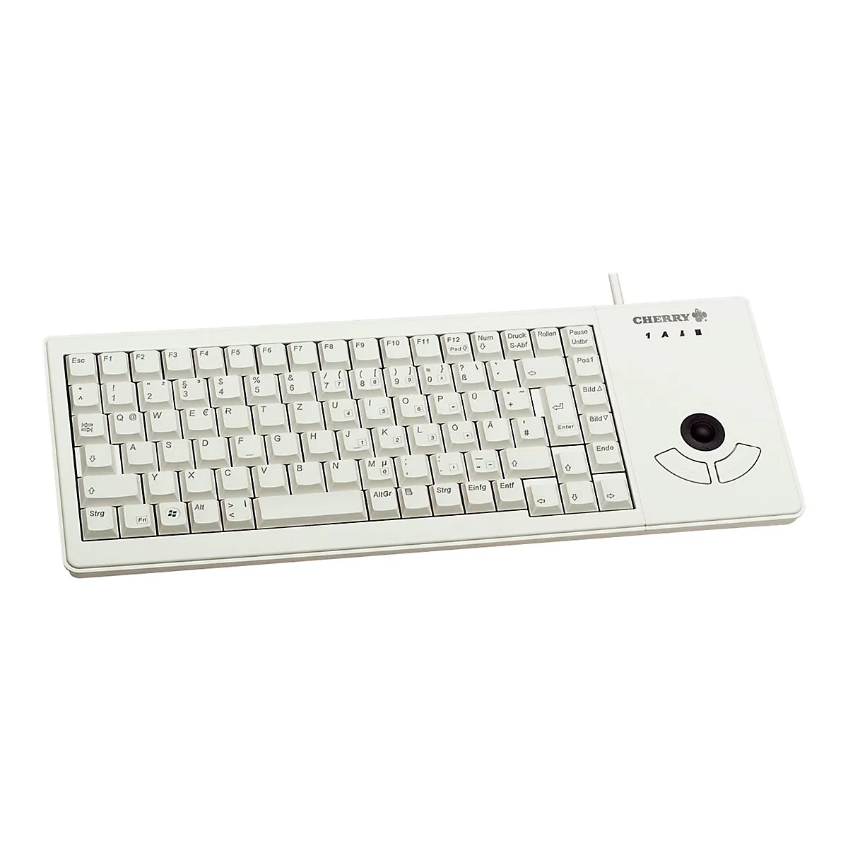 Hellweiße Cherry-Tastatur mit Trackball und Funktionstasten. Aufschrift CHERRY, Tastenbeschriftungen schwarz.