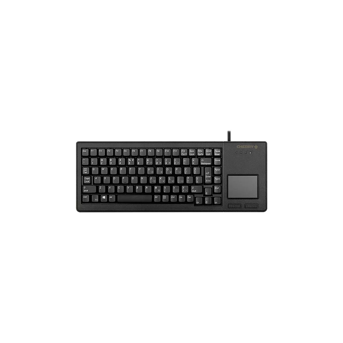 Schwarze Tastatur mit Touchpad. Oben rechts das Logo 'Cherry'.