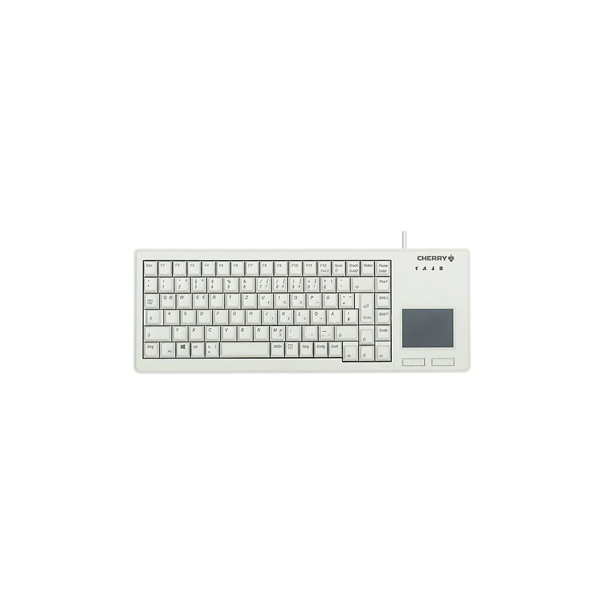 Weisse Tastatur mit Touchpad, das Logo der Marke Cherry ist sichtbar.