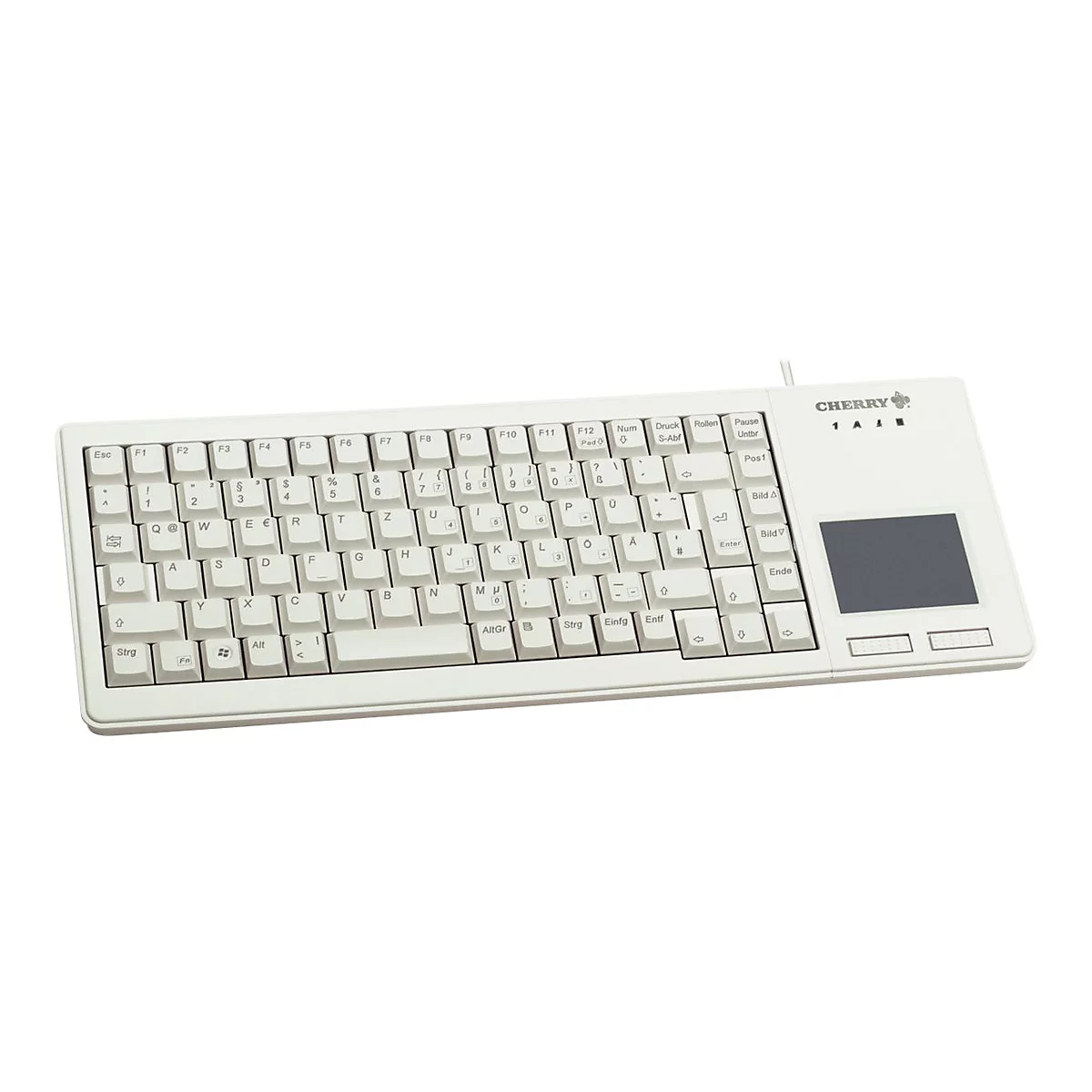 Hellbeige Tastatur mit Touchpad. Beschriftung "Cherry". Buchstaben, Zahlen, Sonderzeichen, Funktionstasten und ein Touchpad sind zu sehen.