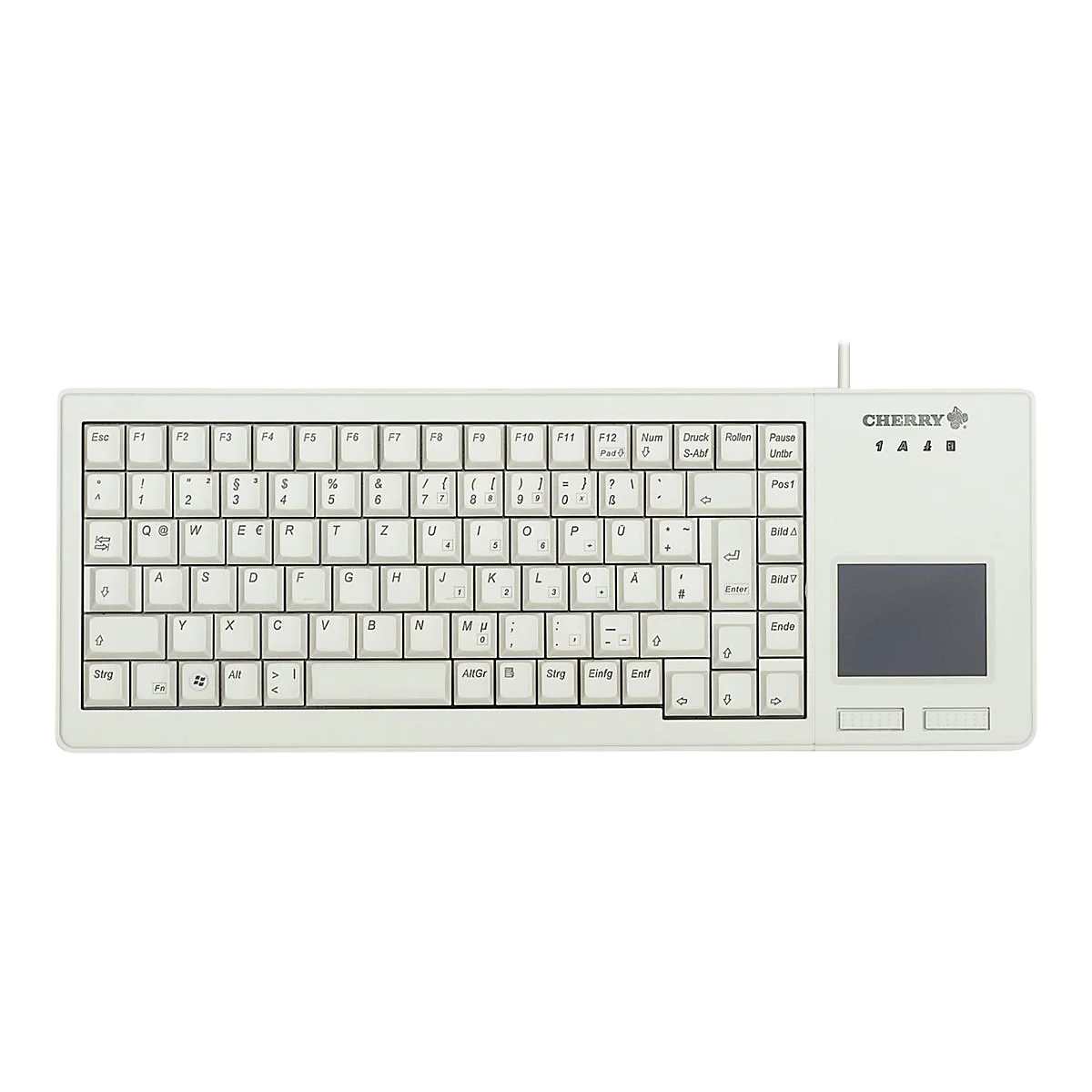 Hellgraue Cherry-Tastatur, integriertes Touchpad rechts. Buchstaben und Sonderzeichen sind klar lesbar. Logo 'CHERRY' oben rechts.