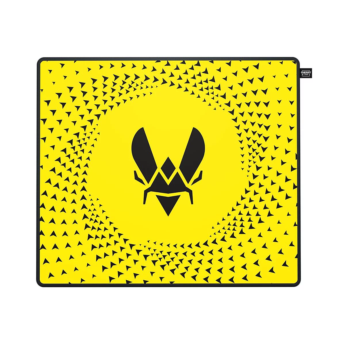 Gelbes Mousepad mit schwarzem Logo und Dreiecks-Muster. Schwarzer Rahmen.