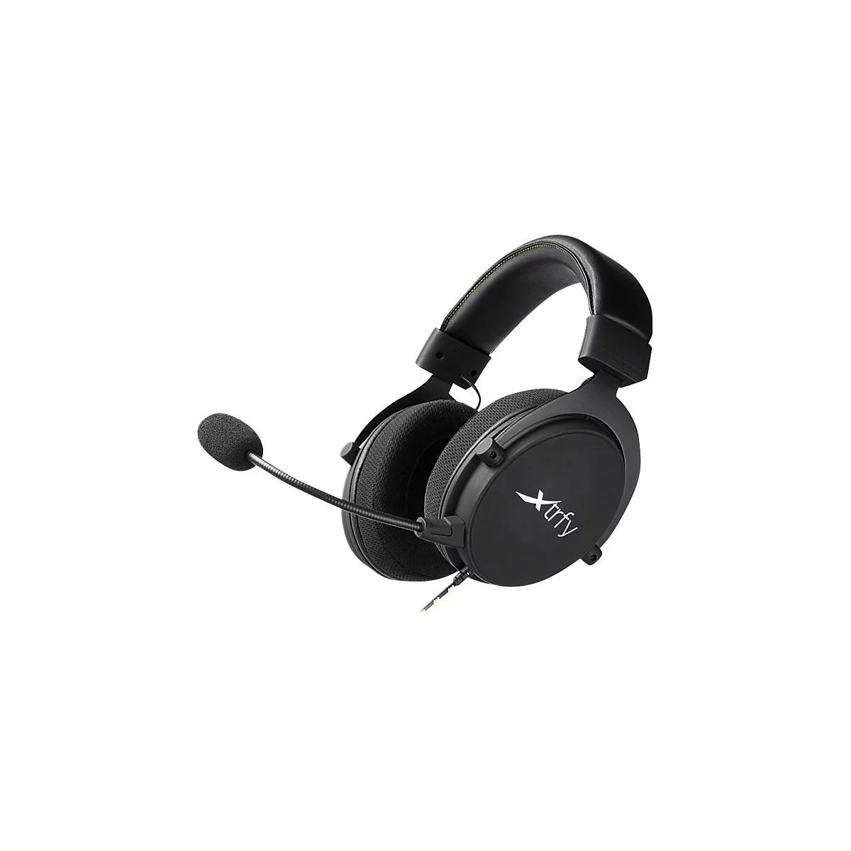 Schwarzes Gaming-Headset mit Mikrofon auf weißem Hintergrund. Der Schriftzug "Xtrfy" ist auf der Ohrmuschel zu sehen.