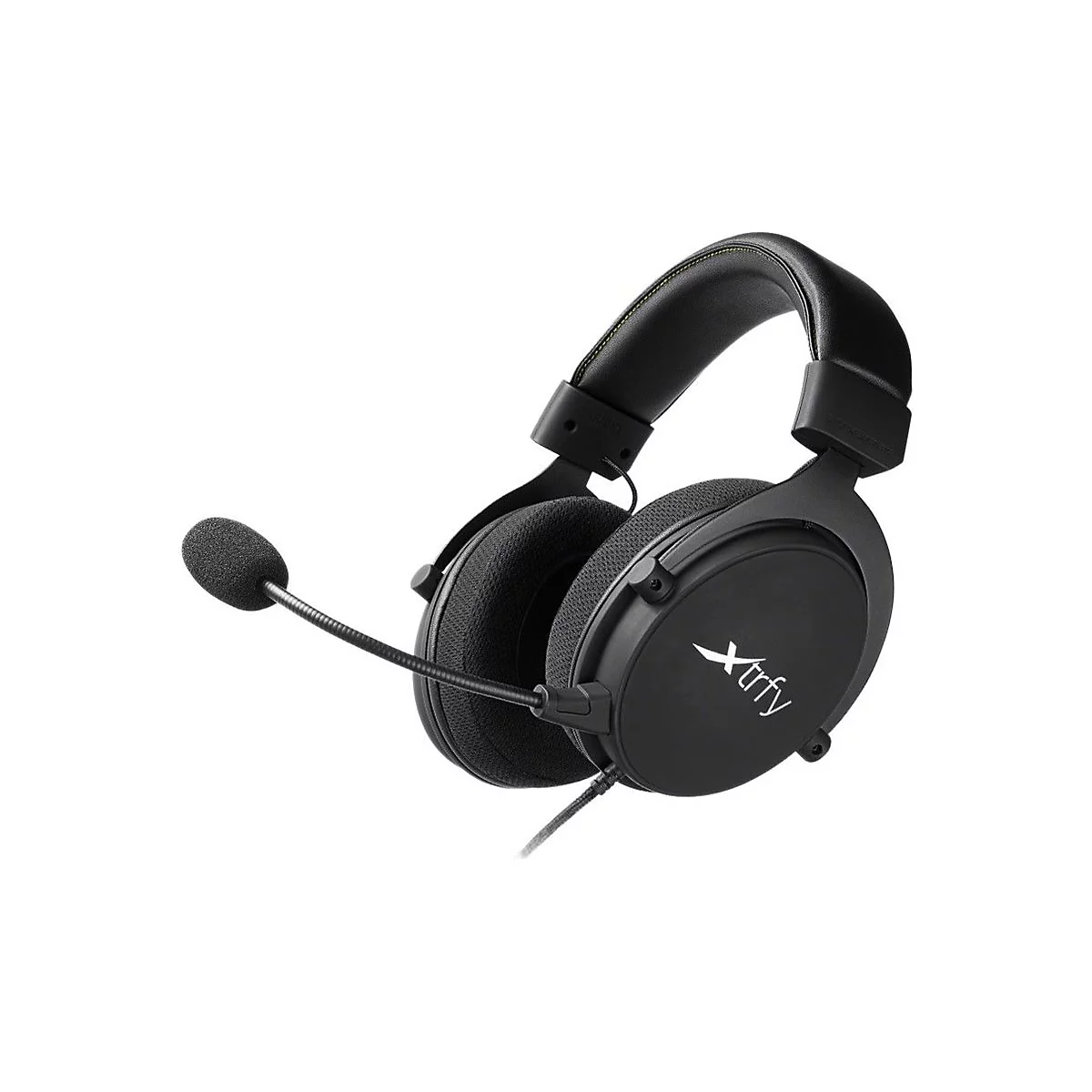 Schwarzes Gaming-Headset mit Mikrofon und weißem Xtrfy-Logo. Der Bügel ist mit gelben Nähten versehen.