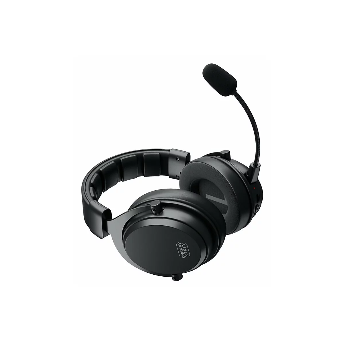 Schwarzes Gaming-Headset mit Mikrofon auf weißem Hintergrund.