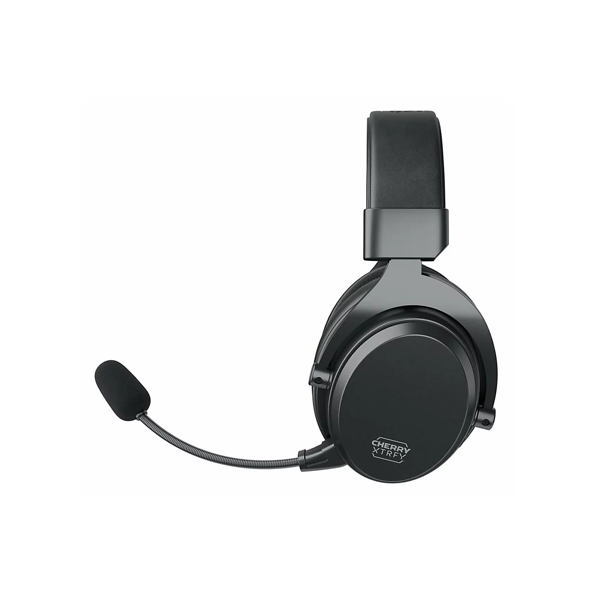 Schwarzes Headset mit Mikrofon. Auf dem Ohrmuschel steht "CHERRY XTRFY".