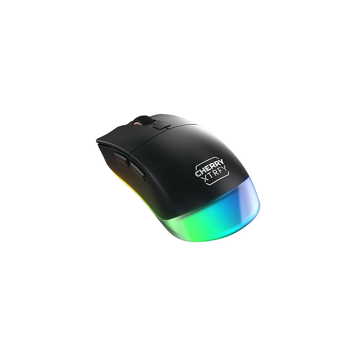 Schwarze Gaming-Maus mit RGB-Beleuchtung und "CHERRY XTRFY"-Logo. Das Mausrad und die Unterseite leuchten farbenfroh.