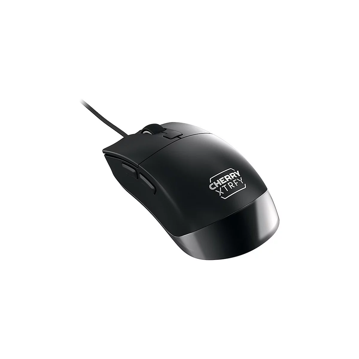 Schwarze Gaming-Maus mit Schriftzug CHERRY XTRFY, Kabel und Scrollrad. Detailansicht.