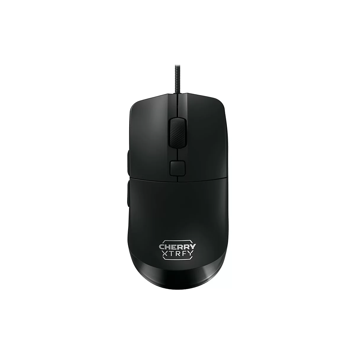 Schwarze Gaming-Maus mit drei Tasten, Markenlogo CHERRY XTRFY.