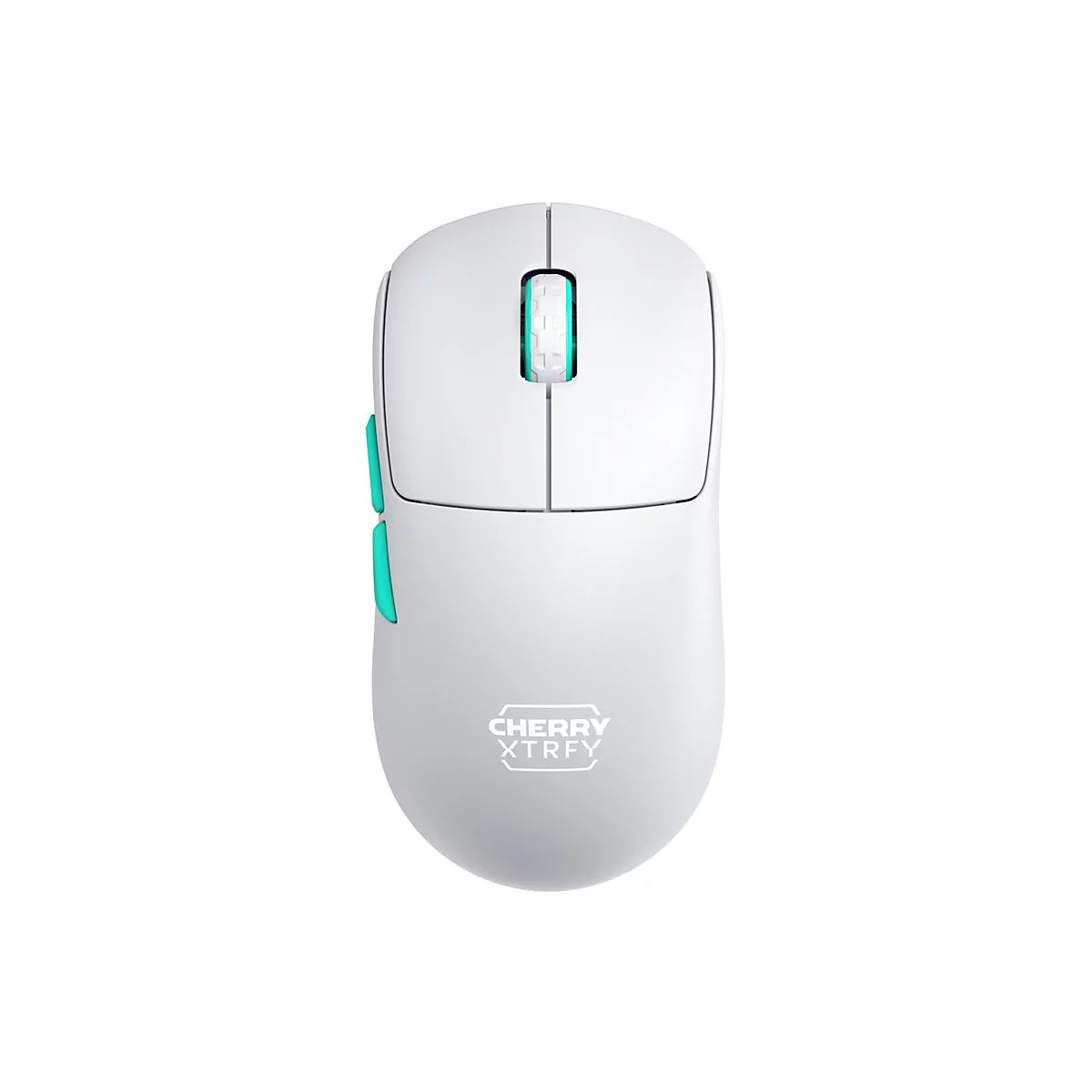 WeiÃŸe Gaming-Maus mit tÃ¼rkisen Akzenten und beleuchtetem Mausrad. Auf der Unterseite steht CHERRY XTRFY.