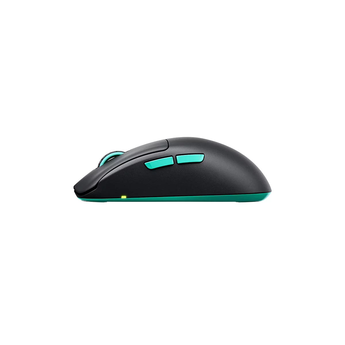 Souris d'ordinateur noire avec des accents turquoise. La souris est représentée de côté sur un fond blanc.