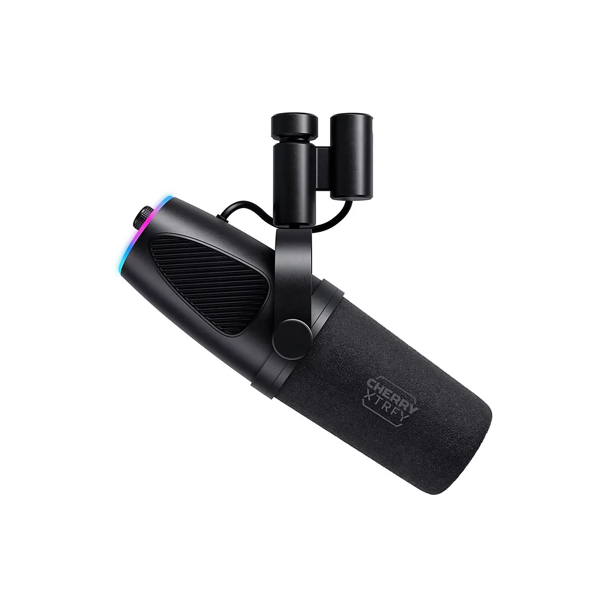 Schwarzes Mikrofon mit Halterung, Cherry XTREM-Logo.