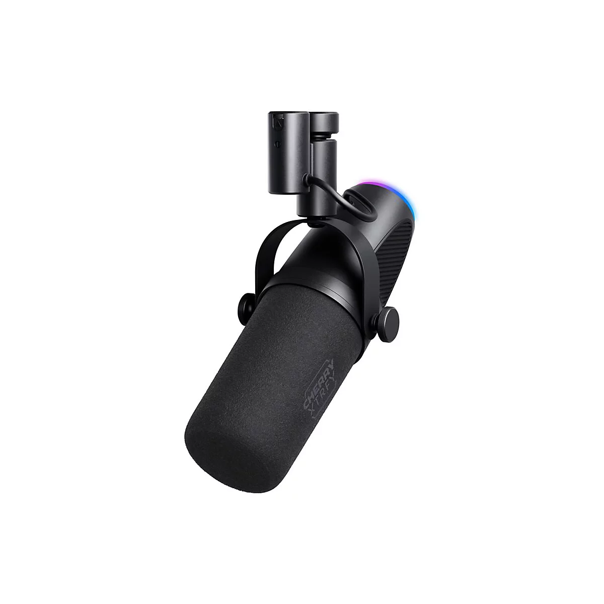 Schwarzes Mikrofon vor weißem Hintergrund. Der Mikrofonkopf ist mit Schaumstoff bedeckt, die Halterung ist aus Metall.