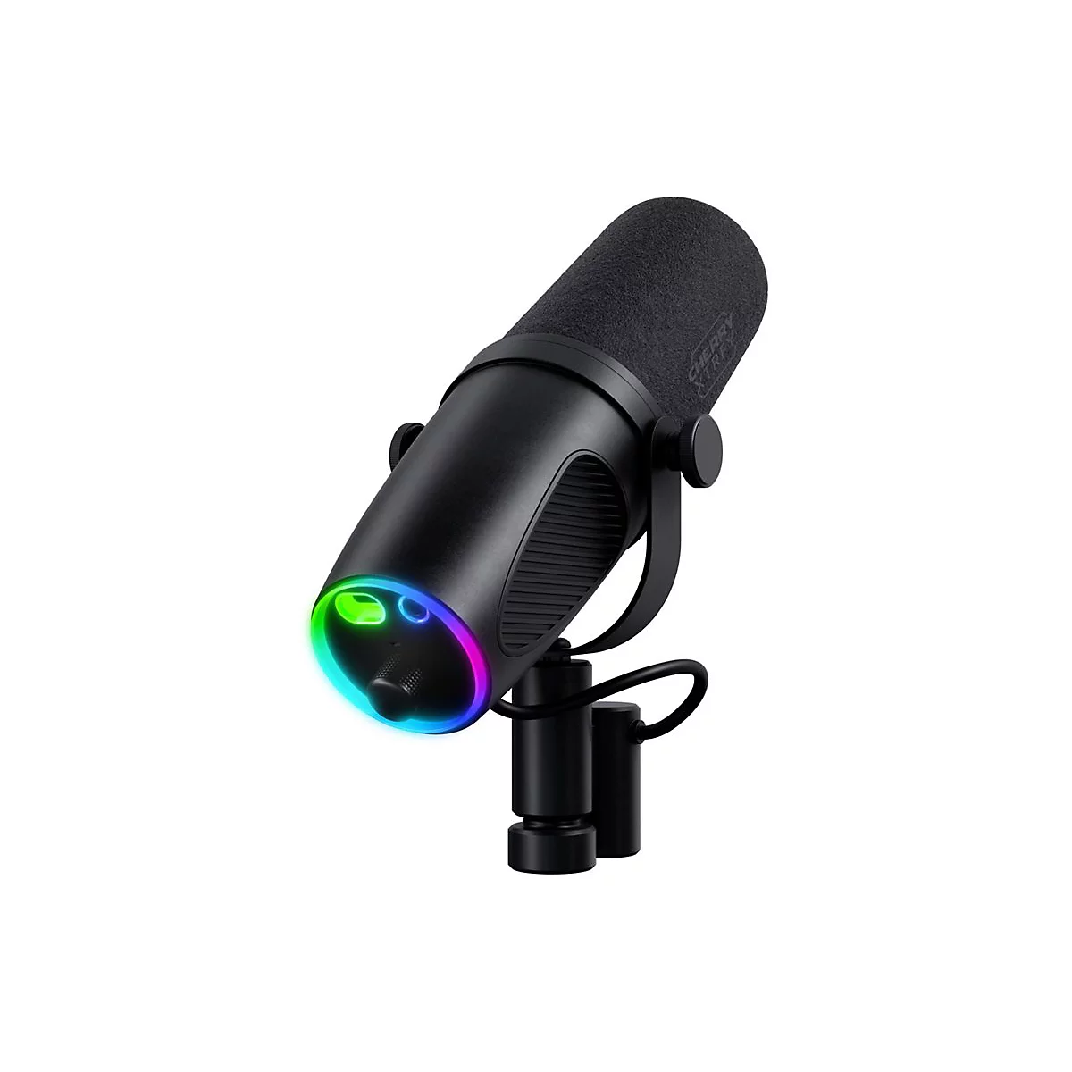 Schwarzes Mikrofon mit RGB-Beleuchtung auf einem Ständer. Der Mikrofonkopf ist mit "CHERRY XTRFY" beschriftet.