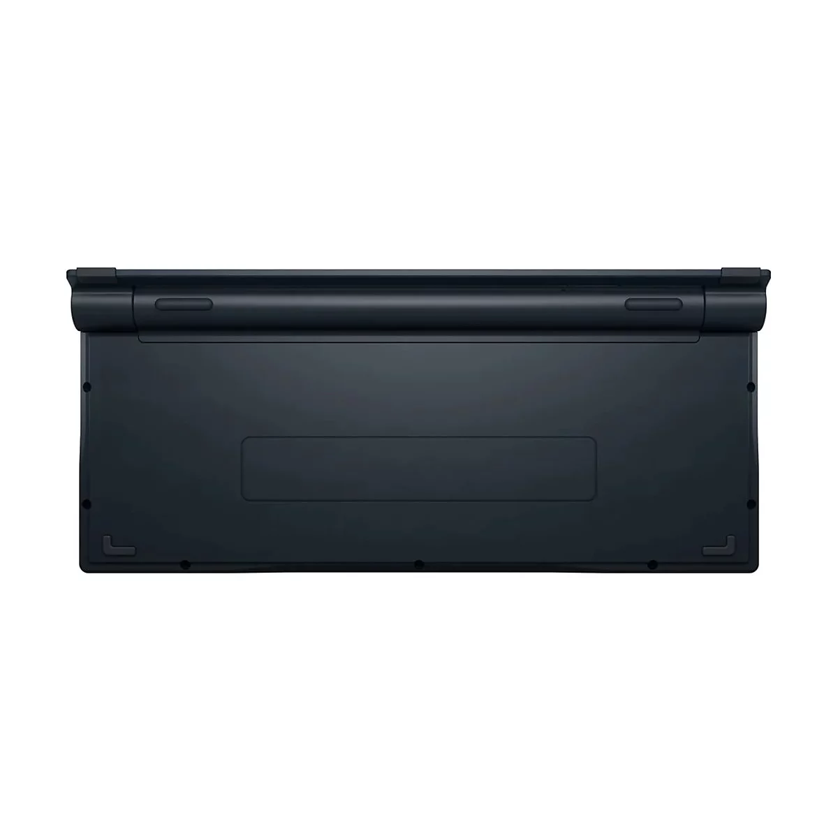 Dunkelgraue Rückseite eines Laptops, leicht glänzend. Rechteckige Form, abgerundete Ecken. Gehäuse mit verschiedenen Aussparungen.