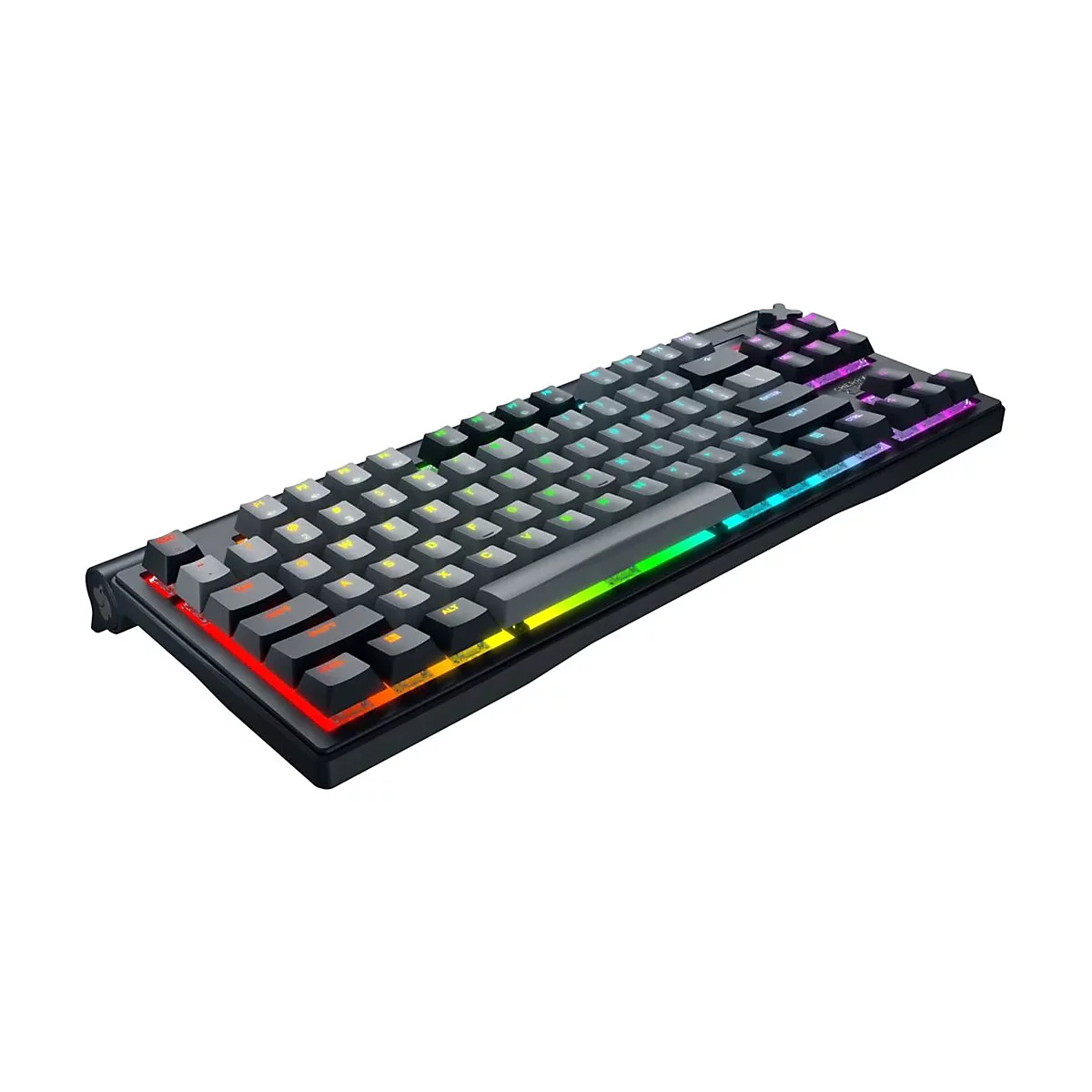 Schwarze mechanische Tastatur mit RGB-Beleuchtung auf weißem Hintergrund. Die Tasten sind grau beschriftet.