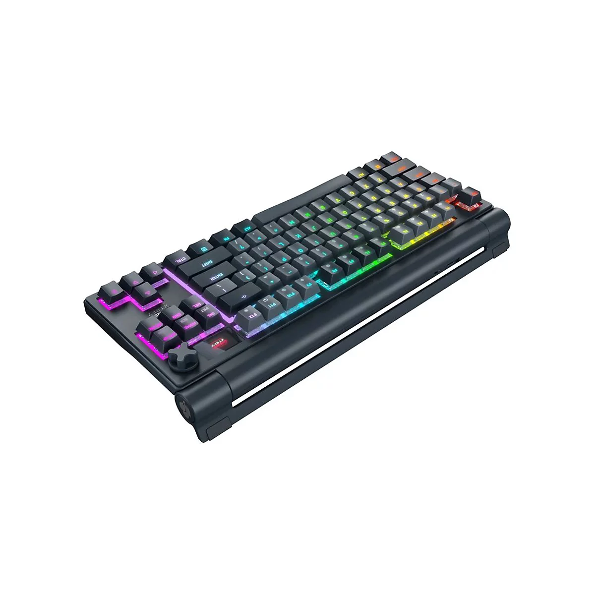 Schwarze mechanische Tastatur mit mehrfarbiger Hintergrundbeleuchtung und verschiedenen Tasten.