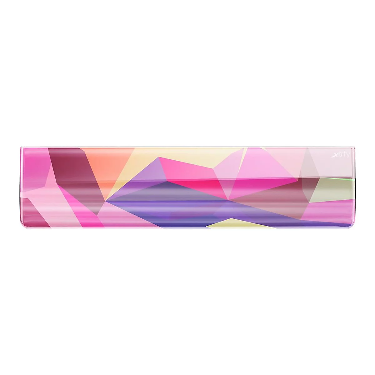 Längliche Xtrfy Tastatur-Handballenauflage mit buntem, geometrischem Polygon-Muster in Rosa-, Lila- und Gelbtönen.