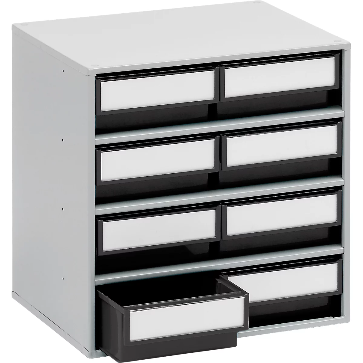Gray rectangular cabinet with nine drawers, one is open. Each drawer has a white label and a black frame.