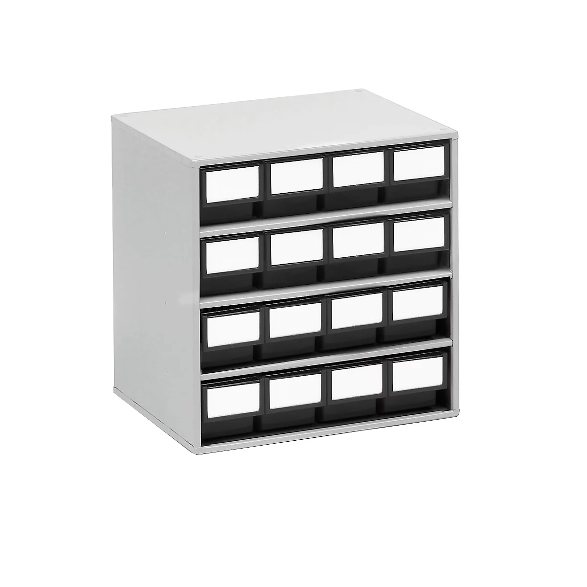 Gray mini cabinet with 16 drawers and white labels. Drawers are outlined in black.