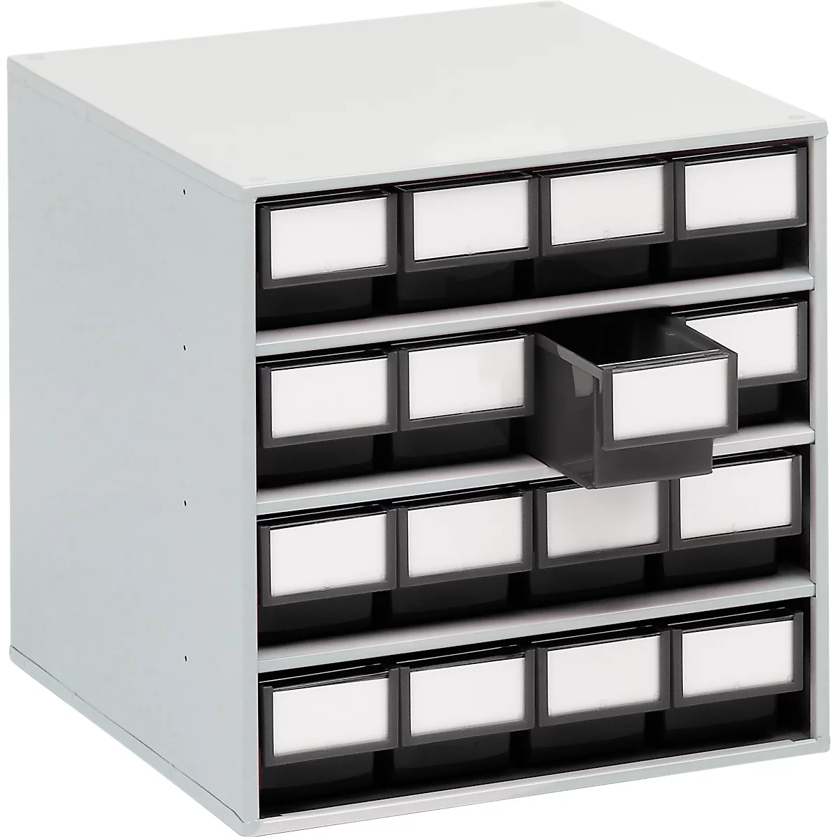 Gray rectangular cabinet with 20 drawers, one drawer open.