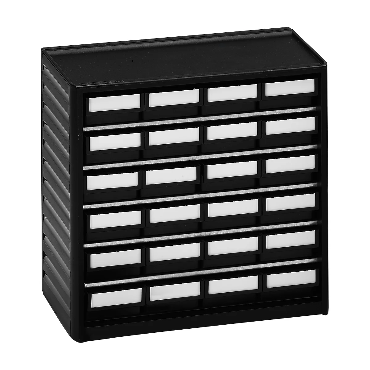 Black drawer cabinet with small white drawers for organization. Ideal for small parts.