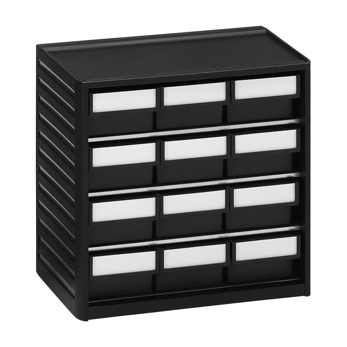 Black drawer cabinet with white labeling fields.