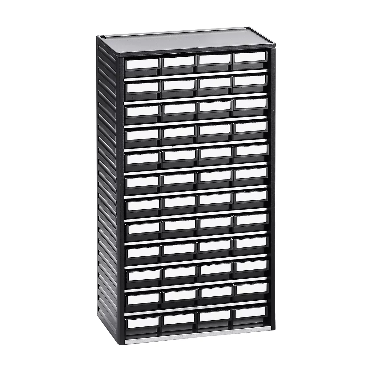 Black cabinet with many drawers, each with a white label. The drawers are arranged in rows.