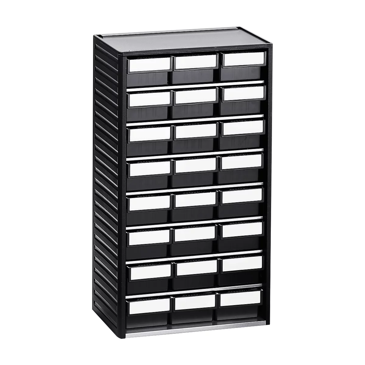 Black drawer cabinet with 18 drawers and white labeling fields.