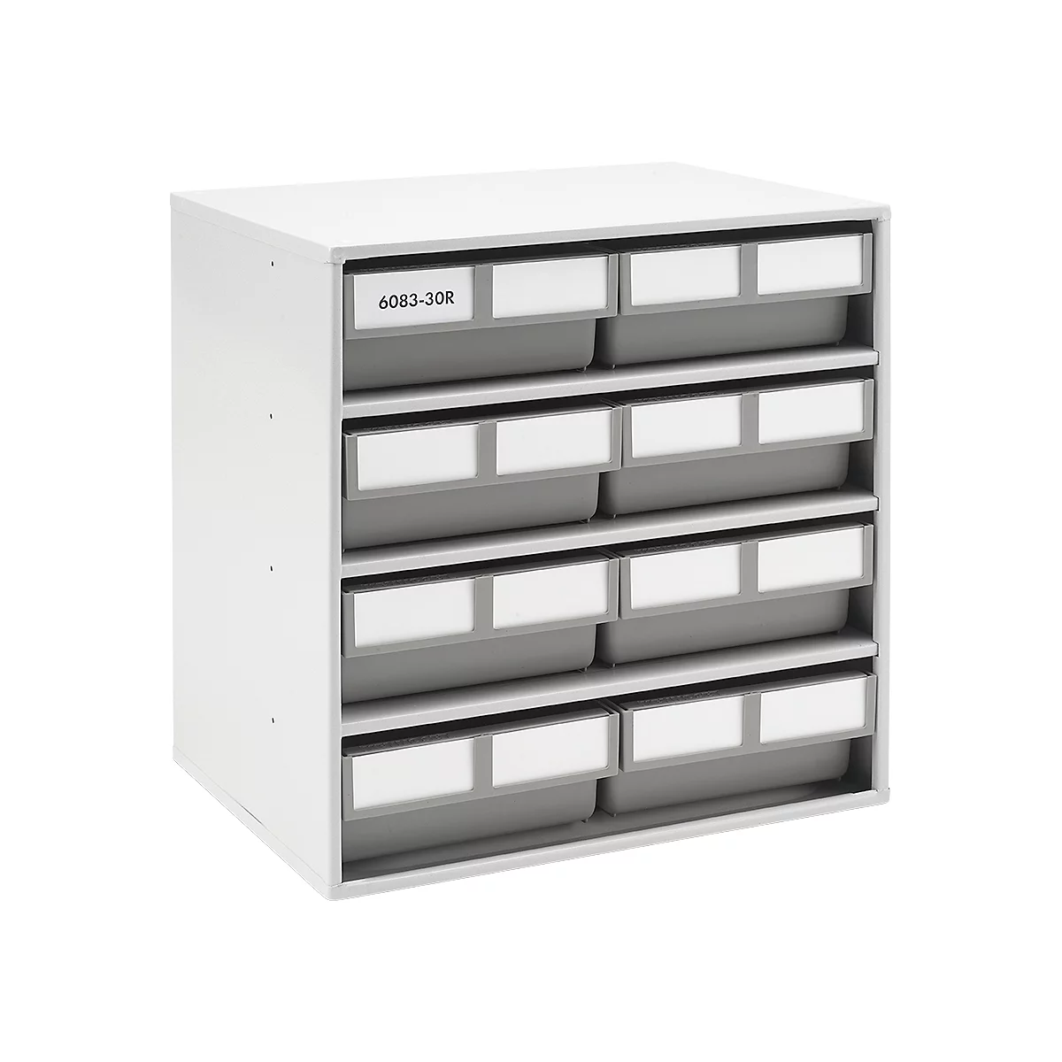 A white storage system with drawers. "6083-30R" is written on the top left. The drawers are grey with white labels.