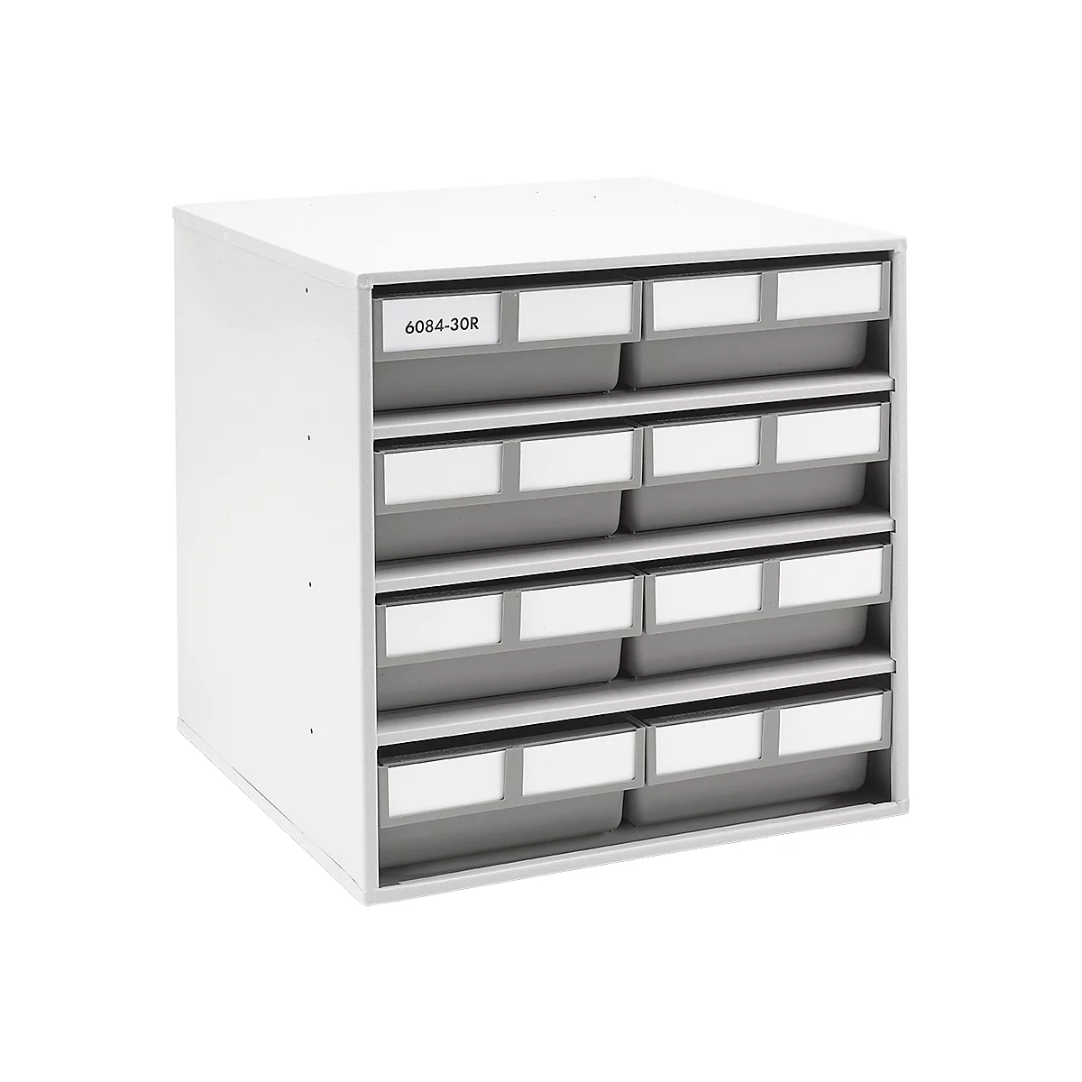 White storage shelf with gray drawers, labeled.