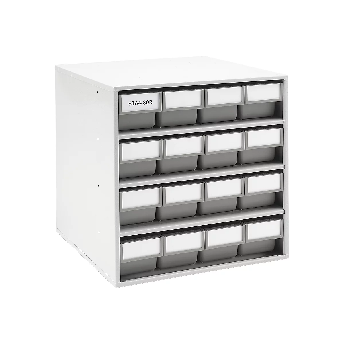 White drawer system with gray drawers and white label fields. One field reads "6164-30R".