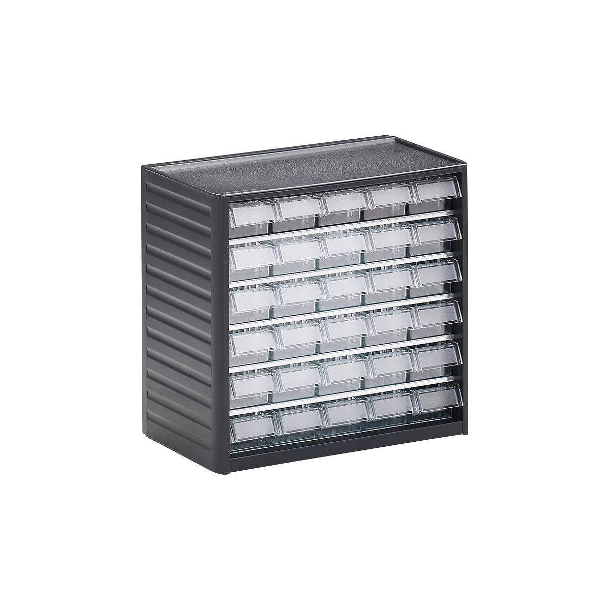 Dark gray drawer cabinet with many transparent drawers and white labels.